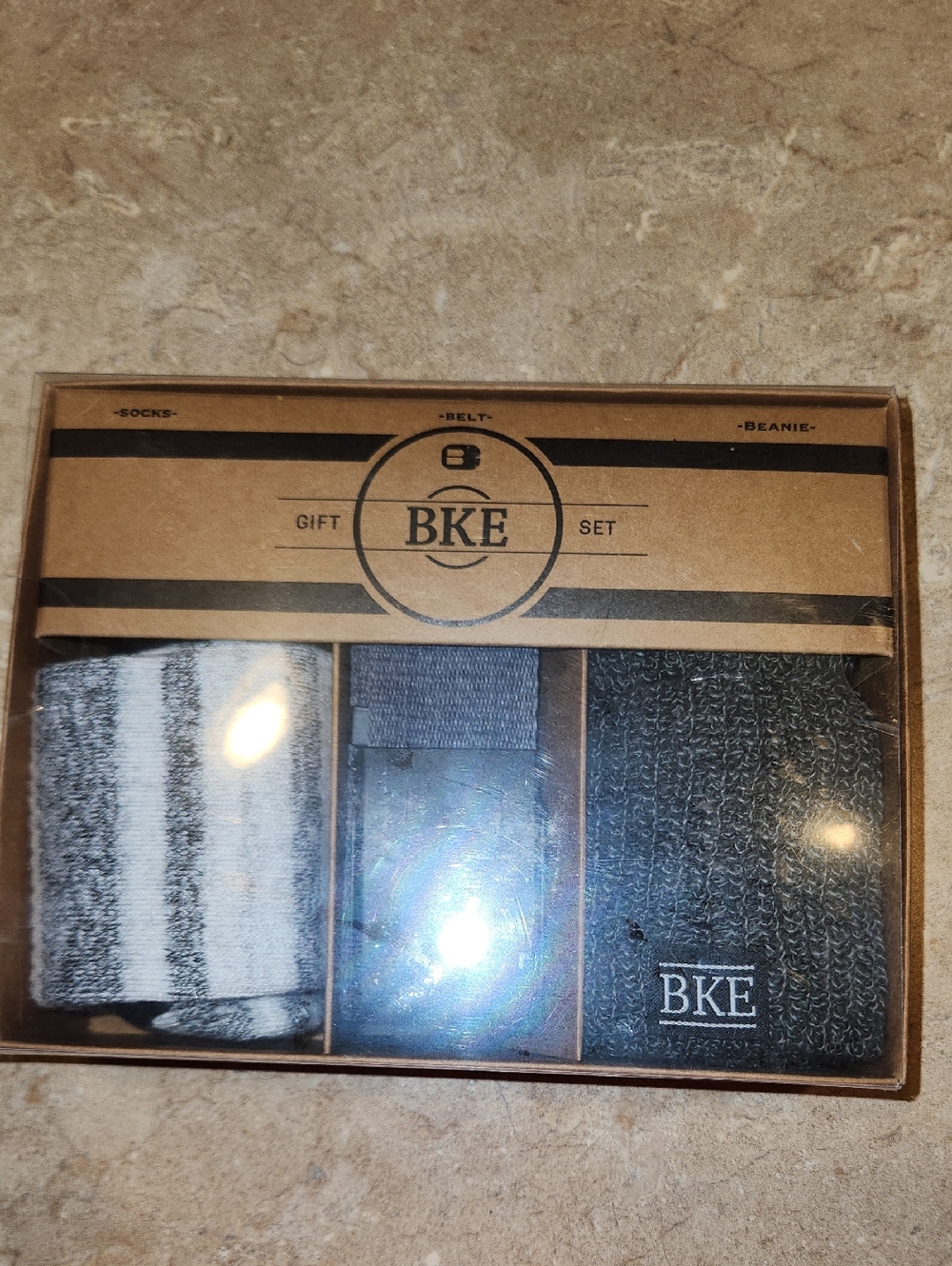 BKE Men’s Gray Striped Socks, Charcoal Beanie & Slate Belt Gift Set